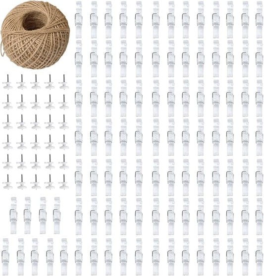 100pcs Photo Clips Mini Clothespins for Photo Wall Hanging Dorm Decor Picture Polaroid Kids Artworks Display with 98ft Twine String & Mini Wall Mount Non-Mark Hooks
