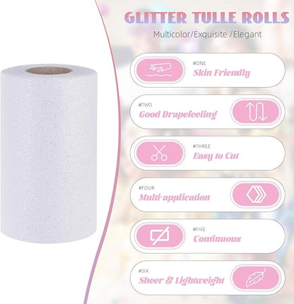 Glitter Tulle Rolls 6” by 50 Yards Sparkle Tulle Fabric Ribbon Sequin Tulle Netting Rolls for DIY Tutu Skirt Wedding Birthday Party Decoration (White/Color)