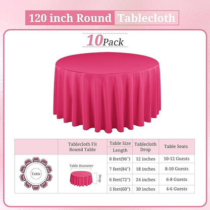 10 Pack Hot Pink Round Tablecloths 120 Inch, Circle Bulk Washable Linen Polyester Tablecloth, Table Cloth Cover for Wedding Buffet Party Banquet Reception Restaurant and Camping