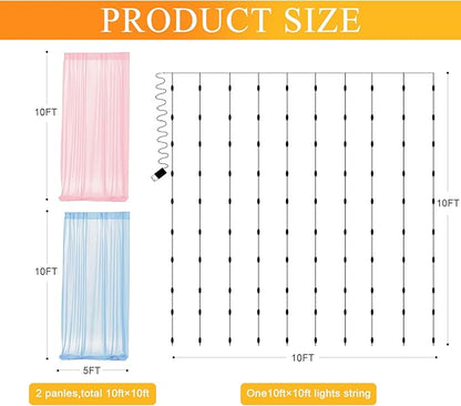 Fomcet Tulle Curtains with Lights String Pink and Blue 10FT X 10FT Sheer Backdrop Curtains for Parties Wedding Baby Shower Photo Shoot Decorations (2 Panels 5 x 10FT)