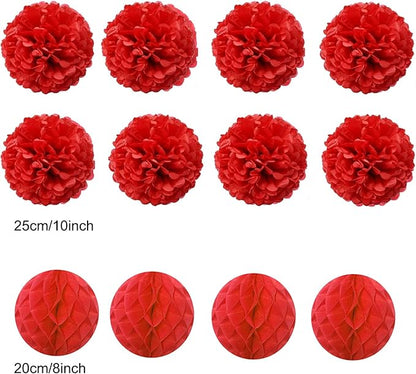 Hanging Paper Fan Set, Tissue Paper Pom Poms Flower Fan and Honeycomb Balls for Birthday Baby Shower Wedding Festival Decorations - Red