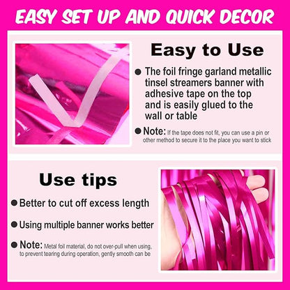 4 Pack 10 Ft Fuchsia Foil Fringe Garland Metallic Streamers Tinsel Banner Wall Hanging Garland Backdrop for Parade Floats, Halloween, Christmas, Thanksgiving, New Year Party Decorations