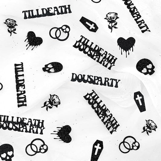 Till Death Do Us Party Confetti, Glitter Halloween Bachelorette Party Table Decorations, Skull Ring Heart Confetti for Gothic Halloween Bachelorette Weeding Bridal Shower Party Decorations（115pcs）