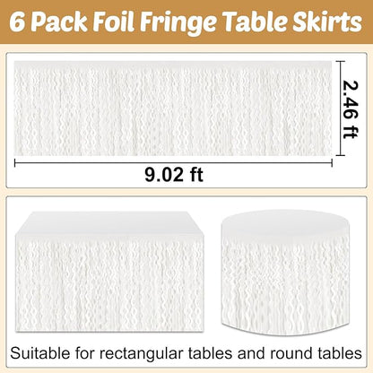 6 Pack 29x108 Inch Macaron White Wave Foil Fringe Table Skirts Metallic Banner for Tinsel Streamer Garland Backdrop for Parade Floats Wedding, Mother's Day, Birthday Mardi Gras Party Decorations