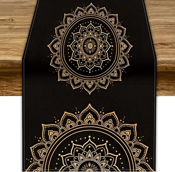 Golden Mandala Table Runner, Traditional Indian Gold Black Flower Vintage Luxury Bohemian Mandala Table Runner for Home Kitchen Dinning Table Indoor Outdoor Holiday, 13x90inch
