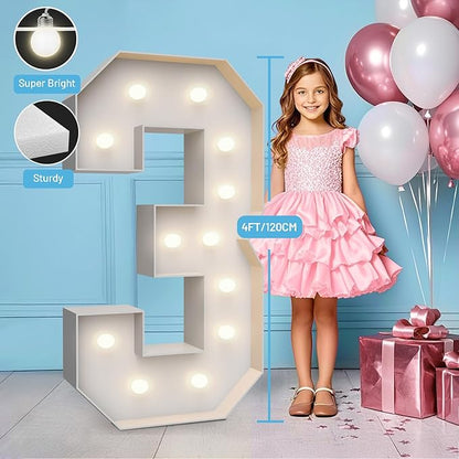 4FT Marquee Light Up Numbers 3,Party Decoration Large Marquee Light Up Letters with Weighted Water Bag,Pre-cut Foam Board Set Can Be Used for Birthdays,Weddings,Baby Anniversaries