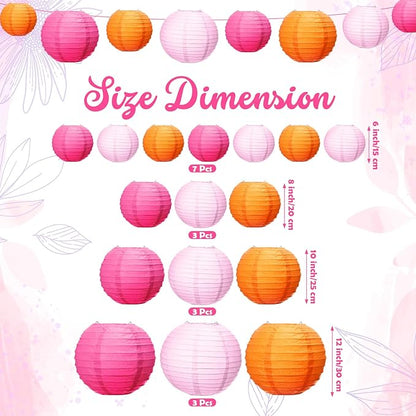 Riakrum 16 Pcs Pink and Orange Paper Lanterns Birthday Party Decorations Mixed Size 6'' 8'' 10'' 12'' Colorful Chinese Hanging Paper Lanterns for Wedding Home Decorations Supplies