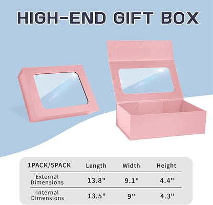 TIACABO Pink Large Gift Box with Window, 13.5"x9"x4.3" Bridesmaid Boxe for Gifts Giving,Birthday Gift Boxes with Magnetic,Closure Lid Gifts Box for Presents,Cute Boxe,Luxury for Gift Packaging