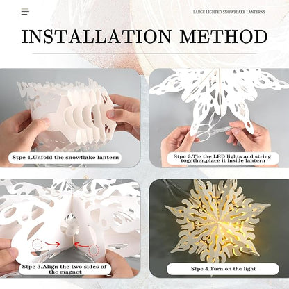 10 Pcs Christmas Paper Snowflake Lanterns, Large Christmas Paper Star Lanterns with LED Lights White Hanging Snowflake Lamp Ornaments for Xmas Winter Frozen Weddings Birthday Holiday Party Decorations