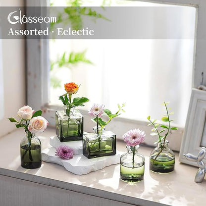 Glasseam Bud Flower Vases in Bulk: 40 Glass Cute Small Vases for Centerpieces Vintage Mini Wedding Birthday Party Table Centerpieces Tiny Baby Shower Dining Room Decoration Green