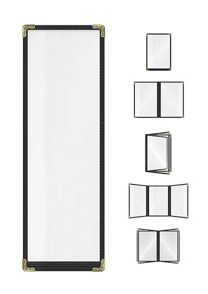Goodsmart Restaurant Menu Covers - 25 Pack Black 1-Page/2-View 4.25" x 14", Top-Loading Vinyl Menu Holders with Clear Sleeves, Double-Stitched Edge, Leather-Style Café Covers with Gold Corners