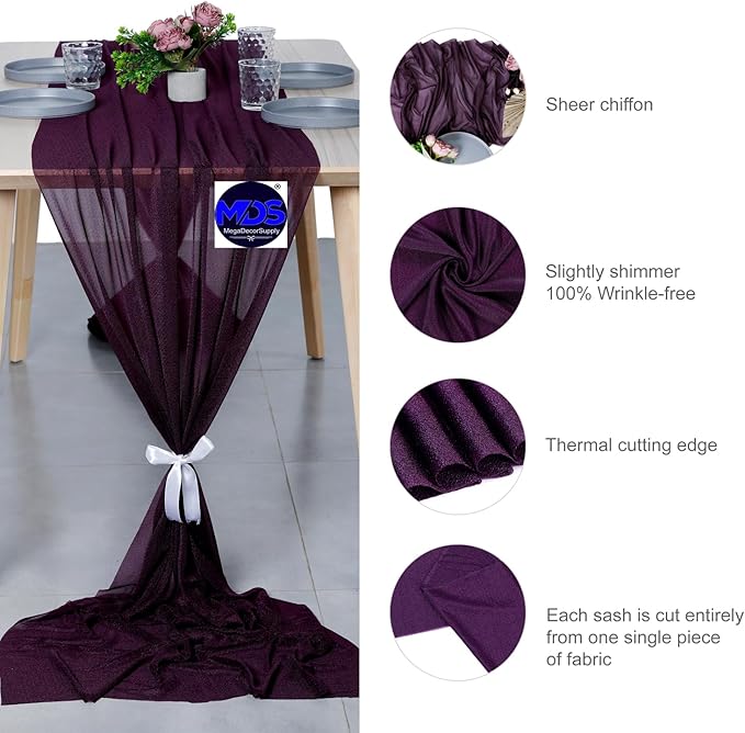 MDS 25 Pack 10ft Chiffon Table Runner 29 x 120 Inches Sheer Wedding Runner Romantic Rustic Table Runner for Wedding Decorations, Birthday Parties, Bridal Shower Party Arch Decor - Eggplant