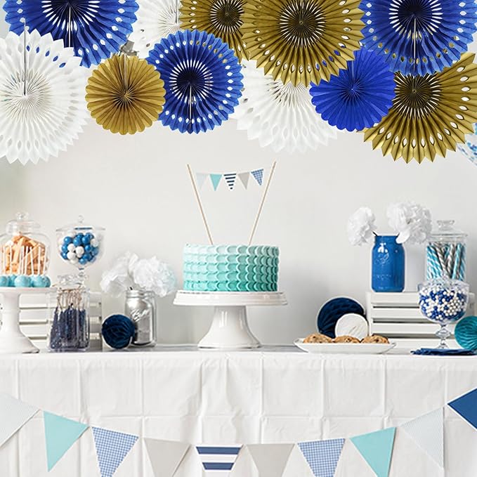 BEISHIDA Blue Gold White Hanging Honeycomb Round Paper Fans Decoration Set for New Year Baby Shower Birthday Wedding Bachelorette Photo Booth Backdrops Anniversary Paper Party Supplies（11packs）