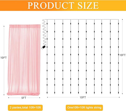 Fomcet Peach Tulle Backdrop Curtains with Lights String 10FT X 10FT Sheer Curtain with Lights for Backdrop Tulle Curtain for Wedding Birthday Party Photo Shoot (2 Panels 5x10FT)