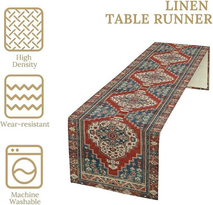 Boho Floral Vintage Table Runner, Red Blue Retro Flower Rustic Country Farmhouse Pattern for Home Kitchen Table Decor Dining Coffee Room Party Decor 13x60in