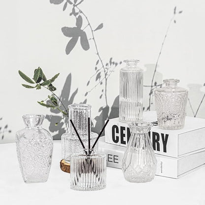 6Pcs Glass Bud Vase Set,Small Flower Vase for Tables Centerpieces Decor, Mini Vintage Clear Vase for Home,Wedding,Party Decorations（6 Pcs，Clear）