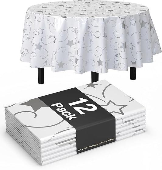 Exquisite Silver Star Tablecloth Plastic 12-Pack Disposable Round Tablecloths 84" Silver Star Table Cloths Round Table Covers Plastic Tablecloth for Party Decorations