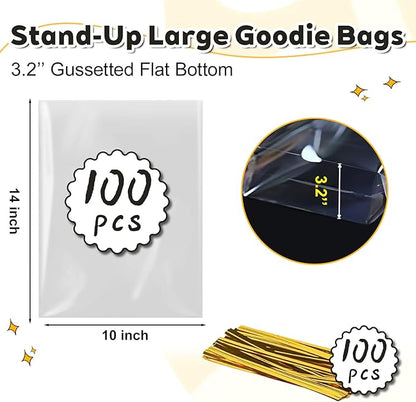 PigPotParty 10"x 14", 100Pcs Bottom Gusset Bags, Clear Plastic Gift Bags, Cellophane Mug Treat Goodie Bags with 100x Twist Ties, Large Party Favor Packaging, Toy Wrapping (No Side Gusset)