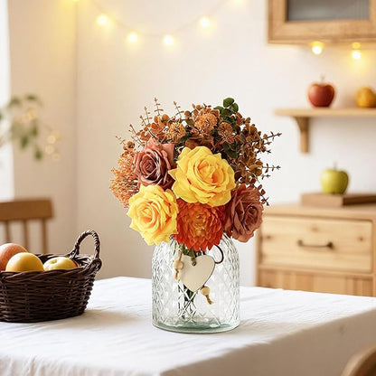 Artificial Fall Flowers in Vase, Yellow Silk Rose with Eucalyptus, Faux Plant Floral Centerpiece for Home Office Dining Table Decor, Fake Hanksgiving Wedding Living Room Farmhouse Autumn Decorations