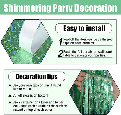 6 Pack Light Green Foil Fringe Curtain Backdrop, 3.28Ft x 8.2Ft Metallic Tinsel Foil Fringe Streamer Curtains for Photo Booth, Valentine's Day, Christmas Day, New Year, Wedding Party Decorations