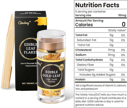 Cobakey Genuine Edible Gold Leaf Flakes - 50mg Edible Gold Flakes for Cake Decoration (Cupcake, Chocolate, Steak, Drink & Cooking), PureGold Leaf with Edible Glitter & Wooden Tweezers