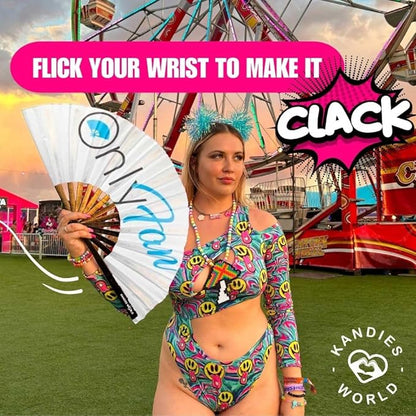 Kandies World UV Reactive Custom Festival Folding Hand Fan - Unique Designs, Made of Bamboo, Clacking Sound, Lightweight - Perfect Rave and Festival Accessory!