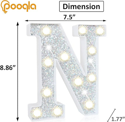 Pooqla Light Up Letters, LED Marquee Letters for Silver Birthday Decorations, Battery Powered Night Light Teenager Girl Room Decor, Gift for Girls Boys Wedding Bedroom Christmas Party Decor, Letter N