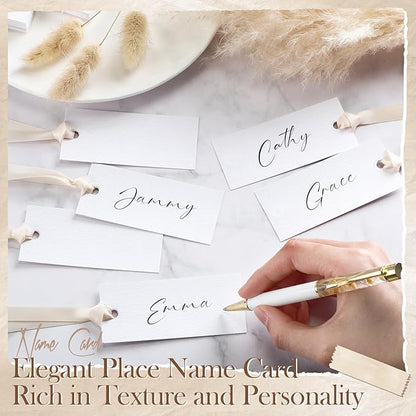 50 Pcs Name Place Cards for Table Setting Blank Wedding Place Cards with Satin Ribbon 1.57 x 3.54 Inch Hanging Gift Tags for Wedding Dinner Banquet Party Table Setting Supplies(Beige)