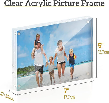 5x7 Acrylic Picture Frame 5 Pack, 20mm Thick Magnetic Double Sided Display 20% Thicker- Frameless Clear Transparent Photo Frame for Desktop/Tabletop, Self Standing with Microfiber Cloth