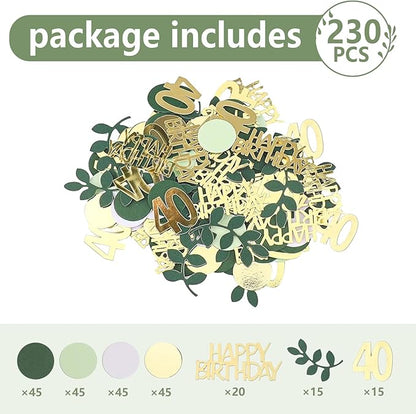 Sage Green 40th Happy Birthday Confetti, 40th Birthday Table Decorations Scatter Green Gold Foil Cake Confetti Decorations for 40 Bday Woman Man Party Decor 230 Pcs