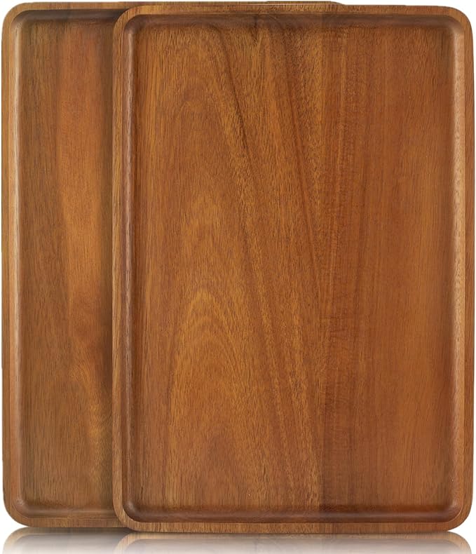 2 PCS Solid Acacia Wood Serving Trays 16 * 12 inch Rectangular Wooden Serving Platters Natural Wooden Boards for Bar Coffee Party