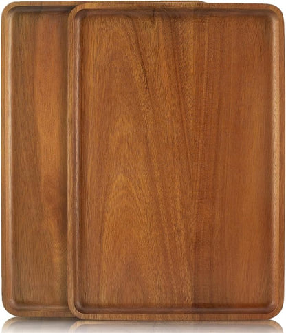 2 PCS Solid Acacia Wood Serving Trays 16 * 12 inch Rectangular Wooden Serving Platters Natural Wooden Boards for Bar Coffee Party