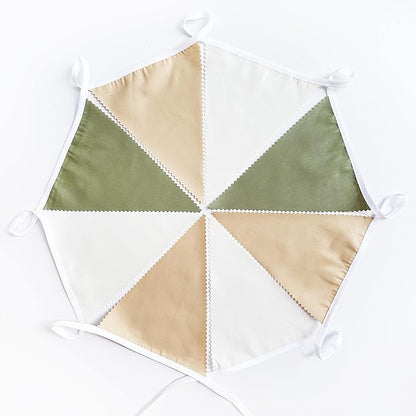 32Ft Camping Party Decorations Olive Green Tan Brown Cream Neutral Triangle Flag Fabric Banner Pennant Garland Streamers for Woodland Birthday Jungle Baby Shower Safari Camper Bachelorette Decor