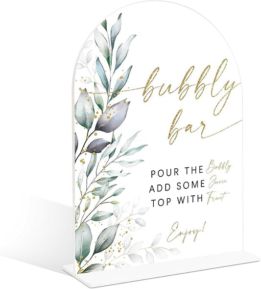 Acrylic Wedding Signs, Greenery Theme Bubbly Bar Sign, Wedding Reception Signage, Bridal Shower Table Decor with Stand, Engagement, Anniversary, Newlywed Events and Parties Supplies, 04