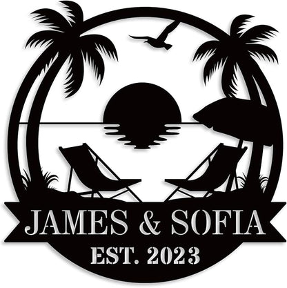 Personalized Beach Metal Monogram Sign, Custom Palm Trees Sign, Outdoor Metal Family Name Sign, Custom Last Name Sign, Beach Coastal House Decor
