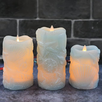 Silverstro Ocean Flameless Candles Remote Carved Seashell Real Wax Flicker Battery Operated Candles for Home Party Wedding Nautical Thanksgiving Christmas Easter Decor - Set of 3(Blue)