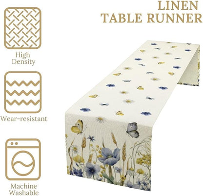 Floral Table Runner, Spring Watercolor Flower Plants Nature Butterfly Table Runner for Kitchen Dinner Living Room Home Party, 13x70 Inch