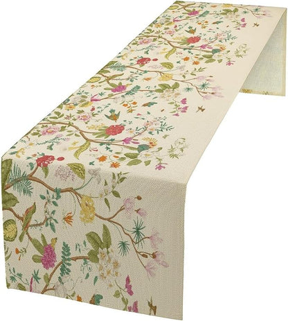 Floral Table Runner, Vintage Birds Wildflowers Herbs Nature Theme Linen Long Table Kitchen Dining Table Holiday Party Decorative Table Runner,13in（33cm） W * 36in（92cm） L