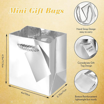 Sherr 100 Pack Mini Gift Bags Bulk, 4 x 2.75 x 4.5 Inches Paper Bags with Tags, Extra Small Paper Gift Boxes with Handles for Birthday, Party Favors, Weddings, Small Business(Silver)