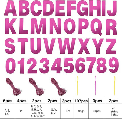 TaoBary 112 Pcs DIY Letter Kit Glitter Customizable Banner Letters Include 107 Letters and Numbers 3 Rope and 2 Needles for Birthday Halloween Christmas Wedding Valentine Party Decor(Bright Pink)
