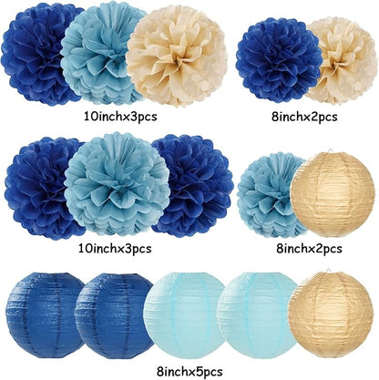 Dusty-Navy Blue Champagne-Gold Paper-Flowers Lanterns - 15pc Christmas Graduation Party Decorations Tissue Pom Poms Streamers,Birthday Bachelorette Bridal Baby Shower Engagement Wedding Decor Panduola