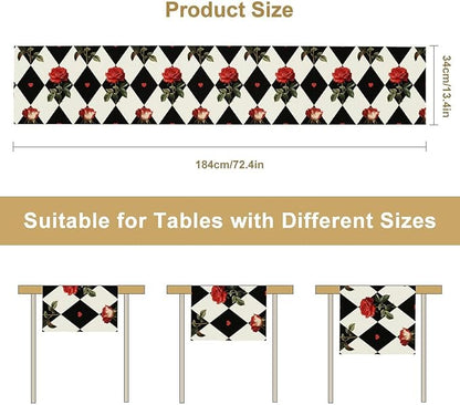 Vintage Rose Table Runner, Red Rose Hearts Black White Checkered Background Table Runner for Kitchen Dinning Table Runner Decor Home Wedding Party Holiday, 13x90 Inch
