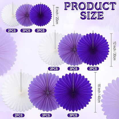 24 Pcs Purple and White Paper Fans Purple Party Decorations Classroom Decor Wall Background Ceiling Hanging Decoration for Birthday Wedding Baby Bridal Shower Engagement Party Decor