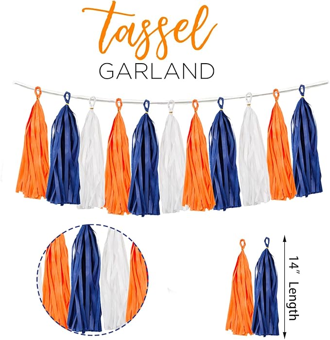 15PCS Navy Blue Orange White DIY Party Tassel Garland Paper Banner Streamer Backdrop for Graduation Astros Birthday Wedding Baby Shower Nursery Classroom Garland Tassel Hanging Decoration