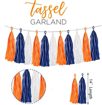 15PCS Navy Blue Orange White DIY Party Tassel Garland Paper Banner Streamer Backdrop for Graduation Astros Birthday Wedding Baby Shower Nursery Classroom Garland Tassel Hanging Decoration