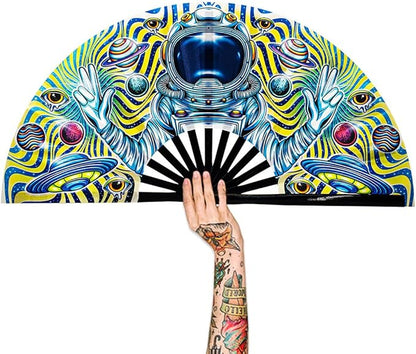 13" Large Rave Fan Bamboo, Folding Clack Hand Fans Foldable for Men Women, Boots on the Ground Poping Fan for EDM Festival Line Dance Decoration, (Space, Large 13")