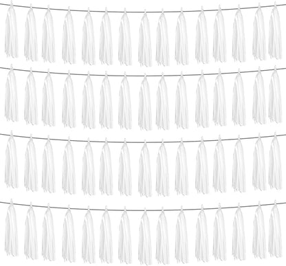 4P White Foil Fringe Metallic Tassel Streamers Banner Tassel Garland for Parade Floats, Graduation, Wedding, Birthday, Halloween, Christmas, Bridal/Baby Shower Party Decorations