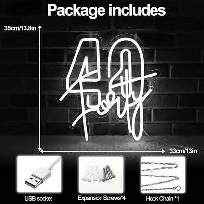 White Forty Neon Sign 40 Year Old Birthday Neon Sign Birthday Gift For 40 Year Old Woman Led Night Light For Wedding Engagement Banquet Anniversary Party Decor Gift For Girl Wife Lover(USB Sign)