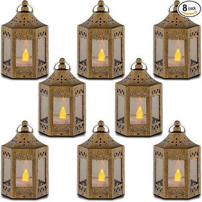 zkee Mini Star Lanterns with Flickering LED, Battery Included, Decorative Hanging Lanterns for Christmas & Indoor Use (Set of 8, Golden Brushed)