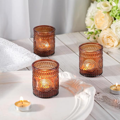 24 Pcs Amber Votive Candle Holders, Glass Tealight Candle Holders for Home Decor, Wedding Table Centerpiece, Birdal Shower, Party